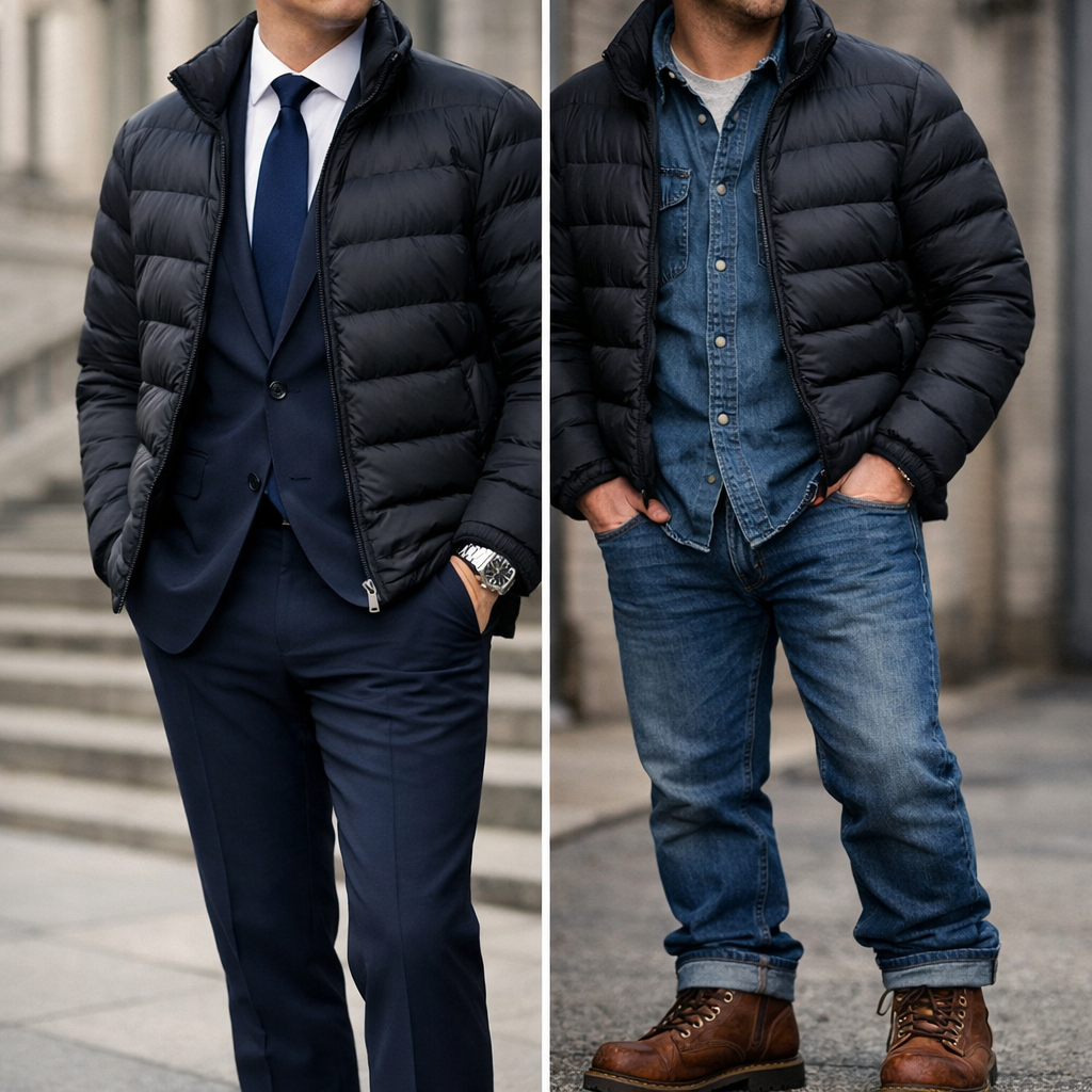 image from How to Layer a Black Puffer with Suits and Workwear